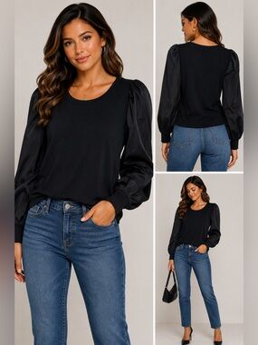 Single Thread Black Puff Sleeve Mixed Fabric Top Size S NWT